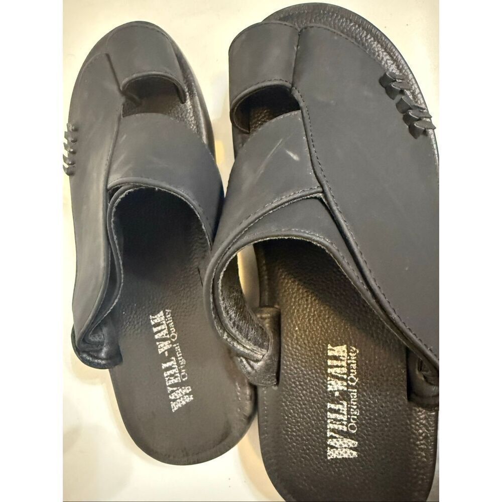 Well Walk Women's Leather single Wide Strap Slip On Slide Sandals Black Size 5